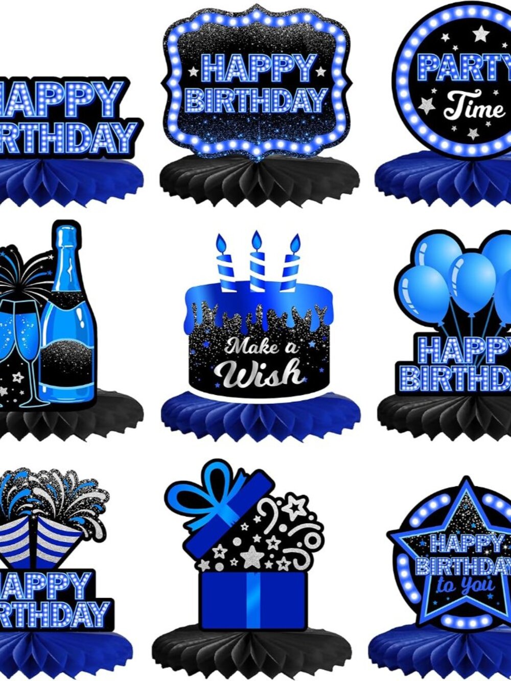 Happy Birthday Honeycomb Centerpieces 9Pcs Stylish Sophisticated Blue Neon Theme